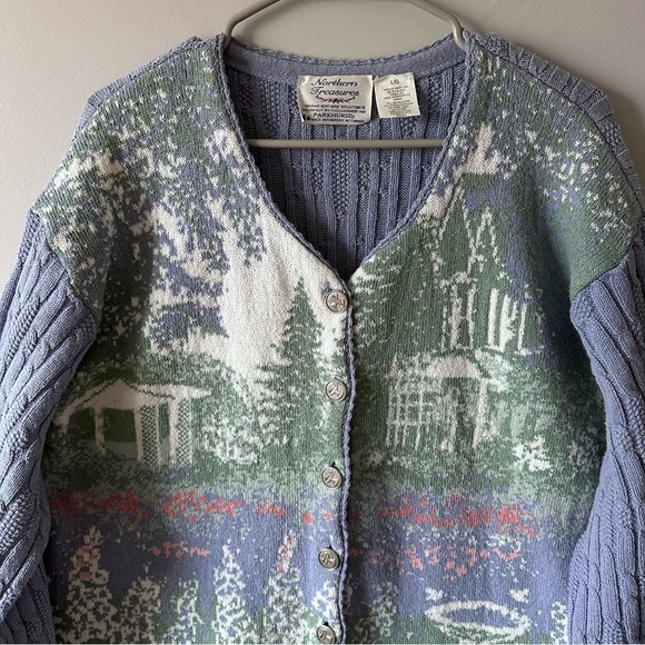 VTG Northern Treasures Large Blue Birdbath Cardigan Sweater CottageCore - Picture 2 of 14